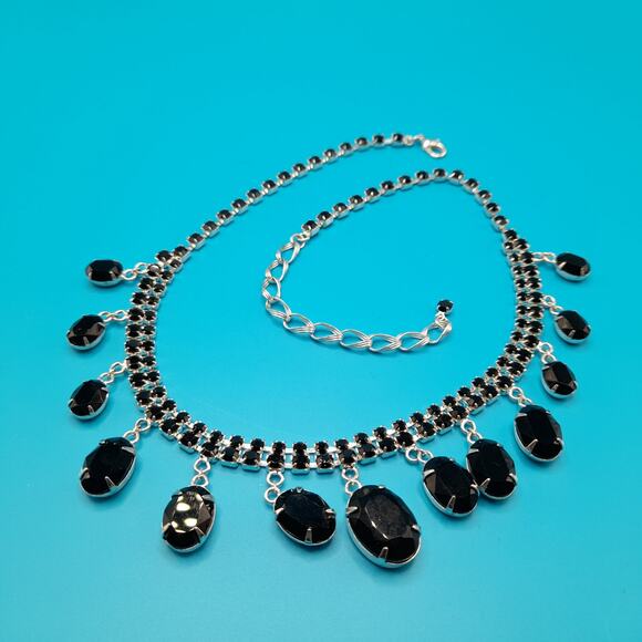 Vintage Style Black Rhinestone Dangle Necklace, Silver Tone, 18 1/2 Inches - Picture 8 of 10